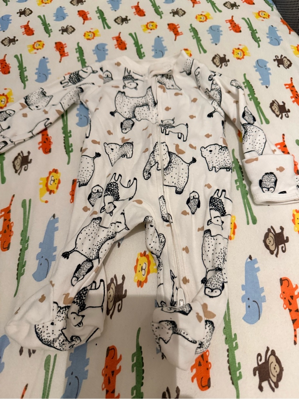White Baby Footed Pajamas with Black Animal Prints